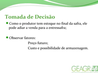 Tomada de Decisão
Como o produtor tem estoque no final da safra, ele
pode adiar a venda para a entressafra;
Observar fatores:
Preço futuro;
Custo e possibilidade de armazenagem.
 