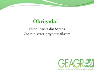 Obrigada!
Ester Priscila dos Santos
Contato: ester-pr@hotmail.com
 