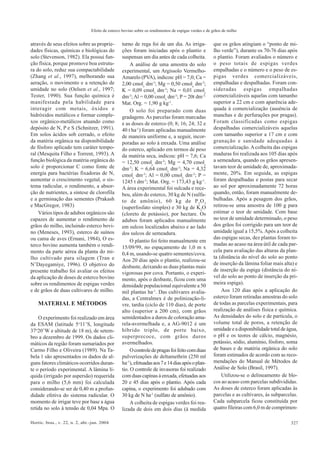 327Hortic. bras., v. 22, n. 2, abr.-jun. 2004
através de seus efeitos sobre as proprie-
dades físicas, químicas e biológicas do
solo (Stevenson, 1982). Ela possui fun-
ção física, porque promove boa estrutu-
ra do solo, reduz sua compactabilidade
(Zhang et al., 1997), melhorando sua
aeração, o movimento e a retenção de
umidade no solo (Oelsen et al., 1997;
Tester, 1990). Sua função química é
manifestada pela habilidade para
interagir com metais, óxidos e
hidróxidos metálicos e formar comple-
xos orgânico-metálicos atuando como
depósito de N, P e S (Schnitzer, 1991).
Em solos ácidos sob cerrado, o efeito
da matéria orgânica na disponibilidade
de fósforo aplicado tem caráter tempo-
ral (Mesquita Filho e Torrent, 1993). A
função biológica da matéria orgânica do
solo é proporcionar C como fonte de
energia para bactérias fixadoras de N,
aumentar o crescimento vegetal, o sis-
tema radicular, o rendimento, a absor-
ção de nutrientes, a síntese de clorofila
e a germinação das sementes (Prakash
e MacGregor, 1983)
Vários tipos de adubos orgânicos são
capazes de aumentar o rendimento de
grãos do milho, incluindo esterco bovi-
no (Meneses, 1993), esterco de suínos
ou cama de aves (Ernani, 1984), O es-
terco bovino aumenta também o rendi-
mento da parte aérea da planta do mi-
lho cultivado para silagem (Tran e
N’Dayegamiye, 1996). O objetivo do
presente trabalho foi avaliar os efeitos
da aplicação de doses de esterco bovino
sobre os rendimentos de espigas verdes
e de grãos de duas cultivares de milho.
MATERIAL E MÉTODOS
O experimento foi realizado em área
da ESAM (latitude 5o
11’S, longitude
37o
20’W e altitude de 18 m), de setem-
bro a dezembro de 1999. Os dados cli-
máticos da região foram sumariados por
Carmo Filho e Oliveira (1989). Na Ta-
bela 1 são apresentados os dados de al-
guns fatores climáticos ocorridos duran-
te o período experimental. A lâmina lí-
quida (irrigado por aspersão) requerida
para o milho (5,6 mm) foi calculada
considerando-se ser de 0,40 m a profun-
didade efetiva do sistema radicular. O
momento de irrigar teve por base a água
retida no solo à tensão de 0,04 Mpa. O
turno de rega foi de um dia. As irriga-
ções foram iniciadas após o plantio e
suspensas um dia antes de cada colheita.
A análise de uma amostra do solo
experimental, um Argissolo Vermelho-
Amarelo (PVA), indicou: pH = 7,0; Ca =
2,00 cmolc
dm-3
; Mg = 0,50 cmolc
dm-3
;
K = 0,09 cmolc
dm-3
; Na = 0,01 cmolc
dm-3
; Al = 0,00 cmolc
dm-3
; P = 20t dm-3;
Mat. Org. = 1,90 g kg-1
.
O solo foi preparado com duas
gradagens.As parcelas foram marcadas
e as doses de esterco (0; 8; 16; 24; 32 e
40 t ha-1
) foram aplicadas manualmente
de maneira uniforme e, a seguir, incor-
poradas ao solo à enxada. Uma análise
do esterco, aplicado em termos de peso
da matéria seca, indicou: pH = 7,6; Ca
= 12,50 cmolc
dm-3
; Mg = 4,70 cmolc
dm-3
; K = 6,64 cmolc
dm-3
; Na = 4,32
cmolc
dm-3
; Al = 0,00 cmolc
dm-3
; P =
1245 t dm-3
; Mat. Org. = 173,43 g kg-1
.
A área experimental foi sulcada e rece-
beu, além do esterco, 30 kg de N (sulfa-
to de amônio), 60 kg de P2
O5
(superfosfato simples) e 30 kg de K2
O
(cloreto de potássio), por hectare. Os
adubos foram aplicados manualmente
em sulcos localizados abaixo e ao lado
dos sulcos de semeadura.
O plantio foi feito manualmente em
15/09/99, no espaçamento de 1,0 m x
0,4 m, usando-se quatro sementes/cova.
Aos 20 dias após o plantio, realizou-se
desbaste, deixando as duas plantas mais
vigorosas por cova. Portanto, o experi-
mento, após o desbaste, ficou com uma
densidade populacional equivalente a 50
mil plantas ha-1
. Das cultivares avalia-
das, a Centralmex é de polinização-li-
vre, tardia (ciclo de 110 dias), de porte
alto (superior a 200 cm), com grãos
semidentados a duros de coloração ama-
rela-avermelhada e, a AG-9012 é um
híbrido triplo, de porte baixo,
superprecoce, com grãos duros
avermelhados.
Ocontroledepragasfoifeitocomduas
pulverizações de deltamethrin (250 ml
ha-1
),efetuadasaos7e14diasapósoplan-
tio. O controle de invasoras foi realizado
com duas capinas à enxada, efetuadas aos
20 e 45 dias após o plantio. Após cada
capina, o experimento foi adubado com
30 kg de N ha-1
(sulfato de amônio).
A colheita de espigas verdes foi rea-
lizada de dois em dois dias (à medida
que os grãos atingiam o “ponto de mi-
lho verde”), durante os 70-76 dias após
o plantio. Foram avaliados o número e
o peso totais de espigas verdes
empalhadas e o número e o peso de es-
pigas verdes comercializáveis,
empalhadas e despalhadas. Foram con-
sideradas espigas empalhadas
comercializáveis aquelas com tamanho
superior a 22 cm e com aparência ade-
quada à comercialização (ausência de
manchas e de perfurações por pragas).
Foram classificadas como espigas
despalhadas comercializáveis aquelas
com tamanho superior a 17 cm e com
granação e sanidade adequadas à
comercialização.Acolheita das espigas
maduras foi realizada aos 105 dias após
a semeadura, quando os grãos apresen-
tavam teor de umidade de, aproximada-
mente, 20%. Em seguida, as espigas
foram despalhadas e postas para secar
ao sol por aproximadamente 72 horas
quando, então, foram manualmente de-
bulhadas. Após a pesagem dos grãos,
retirou-se uma amostra de 100 g para
estimar o teor de umidade. Com base
no teor de umidade determinado, o peso
dos grãos foi corrigido para um teor de
umidade igual a 15,5%.Após a colheita
das espigas secas, dez plantas foram to-
madas ao acaso na área útil de cada par-
cela para avaliação das alturas da plan-
ta (distância do nível do solo ao ponto
de inserção da lâmina foliar mais alta) e
de inserção da espiga (distância do ní-
vel do solo ao ponto de inserção da pri-
meira espiga).
Aos 120 dias após a aplicação do
esterco foram retiradas amostras do solo
de todas as parcelas experimentais, para
realização de análises física e química.
As densidades do solo e de partícula, o
volume total de poros, a retenção de
umidadeeadisponibilidadetotaldeágua,
o pH e os teores de cálcio, magnésio,
potássio, sódio, alumínio, fósforo, soma
de bases e de matéria orgânica do solo
foram estimados de acordo com as reco-
mendações do Manual de Métodos de
Análise de Solo (Brasil, 1997).
Utilizou-se o delineamento de blo-
cos ao acaso com parcelas subdivididas.
As doses de esterco foram aplicadas às
parcelas e as cultivares, às subparcelas.
Cada subparcela ficou constituída por
quatro fileiras com 6,0 m de comprimen-
Efeito de esterco bovino sobre os rendimentos de espigas verdes e de grãos de milho
 