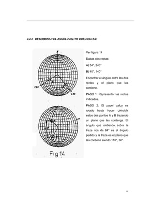 17
3.2.3 DETERMINAR EL ANGULO ENTRE DOS RECTAS:
Ver figura 14
Dadas dos rectas:
A) 54°, 240°
B) 40°, 140°
Encontrar el ángulo entre las dos
rectas y el plano que las
contiene.
PASO 1: Representar las rectas
indicadas.
PASO 2: El papel calco es
rotado hasta hacer coincidir
estos dos puntos A y B trazando
un plano que las contenga. El
ángulo que midiendo sobre la
traza nos da 64° es el ángulo
pedido y la traza es el plano que
las contiene siendo 110°, 60°.
 