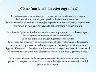 ¿Cómo funcionan los estereogramas? Un estereograma es una imagen tridimensional oculta en una imagen bidimensional, sin ningún tipo de polarización ni emulsión. Su visualización se realiza sin anteojos especiales ni lente alguna, simplemente realizando un pequeño esfuerzo de concentración visual y mental. Esta ilusión óptica se fundamenta en la manera que nuestro cerebro compone las imágenes, en nuestra visión estereoscópica. Cada ojo capta una imagen ligeramente diferente. El cerebro las procesa y, al superponerlas, obtiene volúmenes y distancias. Así, los estereogramas esconden en su patrón dos imágenes similares con ligeras diferencias, colocadas de tal modo que se logra la visión tridimensional al interpretar el cerebro esas diferencias como volúmenes y profundidades. Si miramos al plano de la imagen directamente, sólo veremos una textura plana. La imagen virtual se forma cuando los ojos se concentran detrás del plano de la imagen.  