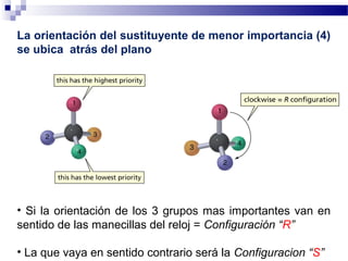 La orientación del sustituyente de menor importancia (4)
se ubica atrás del plano
• Si la orientación de los 3 grupos mas importantes van en
sentido de las manecillas del reloj = Configuración “R”
• La que vaya en sentido contrario será la Configuracion “S”
 