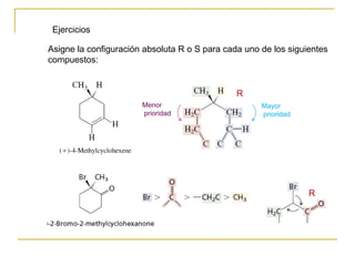Asigne la configuración absoluta R o S para cada uno de los siguientes
compuestos:
Ejercicios
Mayor
prioridad
Menor
prioridad
R
R
 