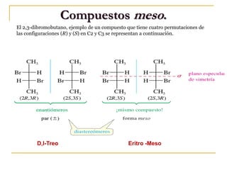 El 2,3-dibromobutano, ejemplo de un compuesto que tiene cuatro permutaciones de
las configuraciones (R) y (S) en C2 y C3 se representan a continuación.
Compuestos meso.
D,l-Treo Eritro -Meso
 