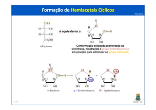 Prof. Nunes
Formação de Hemiacetais CíclicosFormação de Hemiacetais Cíclicos
é equivalente a
Conformação eclipsada reorientada da
D-Eritrose, mostrando o grupogrupo hidroxilahidroxila no C4no C4
em posição para adicionar ao grupogrupo carbonilacarbonila
PGQUIM - UFC119
α - β -
 