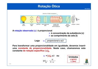 Prof. Nunes
A rotaçãorotação observadaobservada ((αα)) é proporcional
à concentraçãoconcentração dada substânciasubstância (c)(c)
ao comprimentocomprimento dada celacela (l)(l)
Rotação ÓticaRotação Ótica
PGQUIM - UFC146
ao comprimentocomprimento dada celacela (l)(l)
LogoLogo αα proporcional a c.lc.l
Para transformar uma proporcionalidade em igualdade, devemos inserir
uma constanteconstante dede proporcionalidadeproporcionalidade. Neste caso, chamaremos esta
constante dede rotaçãorotação específicaespecífica:: [[αα]]DD
αα = [[αα]]DD cc..ll ouou
UnidadesUnidades
c (g/mL)
L (dm)
 