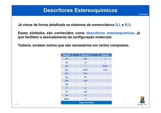 Prof. Nunes
DescritoresDescritores EstereoquímicosEstereoquímicos
Já vimos de forma detalhada os sistemas de nomenclatura D,L e R,S.
Esses símbolos são conhecidos como descritoresdescritores estereoquímicosestereoquímicos, já
que facilitam o assinalamento da configuração molecular.
Todavia, existem outros que são necessários em certos compostos.
Símbolo Símbolo Símbolo
PGQUIM - UFC173
(R) Rac c
(S) D t
(Ra) L Eritro
(Rp) Endo Treo
(Sa) Exo
(Sp) Sin
(Re) Anti
(Si) α
P β
M Ent
Cis E
Meso Z
Todos em itálico
 
