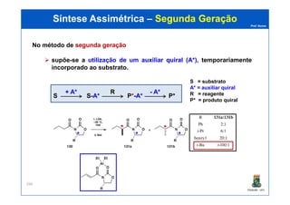 Prof. Nunes
Síntese AssimétricaSíntese Assimétrica –– Segunda GeraçãoSegunda Geração
No método de segundasegunda geraçãogeração
supõe-se a utilização de um auxiliarauxiliar quiralquiral (A*),(A*), temporariamente
incorporado ao substrato.
S S-A* P*-A* P*
+ A*
S = substrato
A* = auxiliar quiral
R = reagente
P* = produto quiral
R - A*
PGQUIM - UFC
266
P* = produto quiral
*
*
*
*
*
 