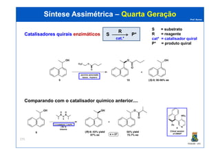 Prof. Nunes
Síntese AssimétricaSíntese Assimétrica –– Quarta GeraçãoQuarta Geração
CatalisadoresCatalisadores quiraisquirais enzimáticosenzimáticos S P*
R
S = substrato
R = reagente
cat* = catalisador quiral
P* = produto quiral
cat.*
PGQUIM - UFC
275
Comparando com o catalisador químico anterior....
 