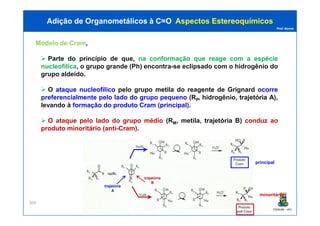 Prof. Nunes
ModeloModelo dede CramCram,
Parte do princípio de que, na conformação que reage com a espécie
nucleofílica, o grupo grande (Ph) encontra-se eclipsado com o hidrogênio do
grupo aldeído.
O ataque nucleofílico pelo grupo metila do reagente de Grignard ocorre
preferencialmente pelo lado do grupo pequeno (RP, hidrogênio, trajetóriatrajetória AA),
levando à formação do produto Cram (principal).
Adição de Organometálicos à C=OAdição de Organometálicos à C=O AspectosAspectos EstereoquímicosEstereoquímicos
PGQUIM - UFC
O ataque pelo lado do grupo médio (RM, metila, trajetóriatrajetória BB) conduz ao
produto minoritário (anti-Cram).
309
principal
minoritário
trajetória
A
trajetória
B
 