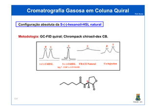 Prof. Nunes
Configuração absoluta da S-(-)-hexanoil-HSL natural
Metodologia: GC-FID quiral; Chrompack chirasil-dex CB.
CromatrografiaCromatrografia Gasosa em ColunaGasosa em Coluna QuiralQuiral
PGQUIM - UFC
324
S
 