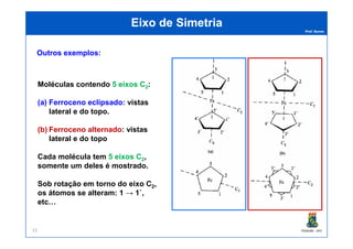 Prof. Nunes
Eixo de SimetriaEixo de Simetria
Moléculas contendo 55 eixoseixos CC22:
(a) Ferroceno eclipsado: vistas
lateral e do topo.
Outros exemplos:
PGQUIM - UFC33
(b) Ferroceno alternado: vistas
lateral e do topo
Cada molécula tem 55 eixoseixos CC22,
somente um deles é mostrado.
Sob rotação em torno do eixo C2,
os átomos se alteram: 1 → 1`,
etc…
 