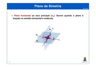 Prof. Nunes
Plano de SimetriaPlano de Simetria
Plano horizontal ao eixo principal (σh): Ocorre quando o plano é
traçado no sentido horizontal à molécula.
C2
PGQUIM - UFC39
C2
 
