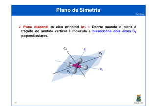 Prof. Nunes
Plano de SimetriaPlano de Simetria
Plano diagonal ao eixo principal (σd ): Ocorre quando o plano é
traçado no sentido vertical à molécula e bisseccionabissecciona doisdois eixoseixos CC22
perpendiculares.
C2
PGQUIM - UFC40
C2
 