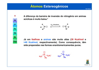 Prof. Nunes
ÁtomosÁtomos EstereogênicosEstereogênicos
VV A diferença da barreirabarreira dede inversãoinversão do nitrogênio em aminasaminas
acíclicasacíclicas éé muitomuito baixabaixa.*
N
R
R'
R''
: N
R
R'
R''
:
Eact 5 Kcal/mol
PGQUIM - UFC
Já em fosfinasfosfinas e arsinasarsinas são muito altas (30 Kcal/mol e
>>4040 Kcal/molKcal/mol, respectivamente). Como consequência, têmtêm
sidosido preparadaspreparadas nasnas formasformas enantiomericamentesenantiomericamentes pupuraas.
H3C
P
Ph
C3H7
i
..
+
H3C
As
Ph
C3H7
i
..
+
 