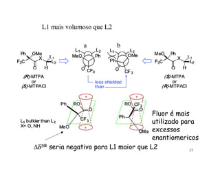 L1 mais volumoso que L2

                  a         b




                                         Fluor é mais
                                         utilizado para
                                         excessos
                                         enantiomericos
∆δSR   seria negativo para L1 maior que L2           17
 