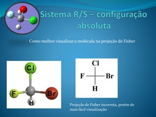Como melhor visualizar a molécula na projeção de Fisher 
Projeção de Fisher incorreta, porém de 
mais fácil visualização 
 