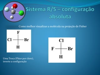 Como melhor visualizar a molécula na projeção de Fisher 
Uma Troca (Flúor por cloro), 
inverte a configuração 
 
