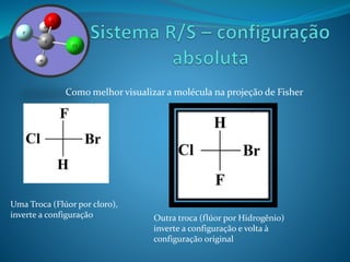 Como melhor visualizar a molécula na projeção de Fisher 
Outra troca (flúor por Hidrogênio) 
inverte a configuração e volta à 
configuração original 
Uma Troca (Flúor por cloro), 
inverte a configuração 
 