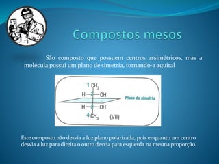 São composto que possuem centros assimétricos, mas a 
molécula possui um plano de simetria, tornando-a aquiral 
Este composto não desvia a luz plano polarizada, pois enquanto um centro 
desvia a luz para direita o outro desvia para esquerda na mesma proporção. 
 