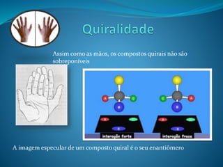 Assim como as mãos, os compostos quirais não são 
sobreponíveis 
A imagem especular de um composto quiral é o seu enantiômero 
 