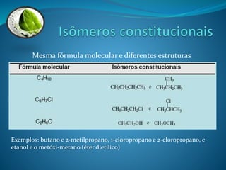 Mesma fórmula molecular e diferentes estruturas 
Exemplos: butano e 2-metilpropano, 1-cloropropano e 2-cloropropano, e 
etanol e o metóxi-metano (éter dietílico) 
 