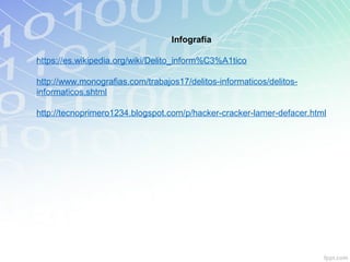 Infografía
https://es.wikipedia.org/wiki/Delito_inform%C3%A1tico
http://www.monografias.com/trabajos17/delitos-informaticos/delitos-
informaticos.shtml
http://tecnoprimero1234.blogspot.com/p/hacker-cracker-lamer-defacer.html
 