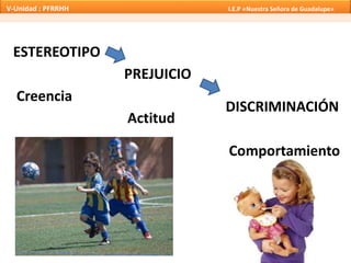 ESTEREOTIPO
PREJUICIO
DISCRIMINACIÓN
Creencia
Actitud
Comportamiento
V-Unidad : PFRRHH I.E.P «Nuestra Señora de Guadalupe»