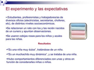 El experimento y las expectativas
 Estudiantes, profesionistas y trabajadores/as de
diversos oficios (electricistas, secretarias, choferes,
etc), de distintos niveles socioeconómicos.
Se relacionan un rato con los y las recién nacidos
de un cunero y apuntan observaciones.
Se usaron cobijas rosas para los niños y azules
para las niñas.
                             Resultados

“Es una niña muy dulce”, tratándose de un niño.
“Es un muchachito muy dinámico”, y se trataba de una niña.
Hubo comportamientos diferenciados con unas y otros en
función de considerarles niñas o niños.
 