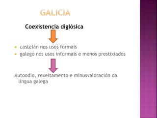 Coexistencia diglósica
 castelán nos usos formais
 galego nos usos informais e menos prestixiados
Autoodio, rexeitamento e minusvaloración da
lingua galega
 