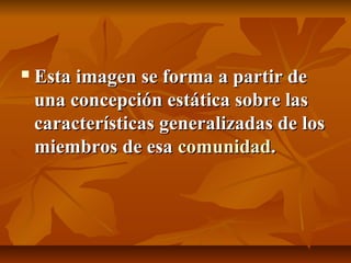 

Esta imagen se forma a partir de
una concepción estática sobre las
características generalizadas de los
miembros de esa comunidad.

 