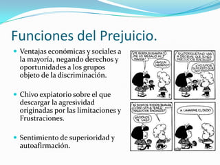 Funciones del Prejuicio.
 Ventajas económicas y sociales a
la mayoría, negando derechos y
oportunidades a los grupos
objeto de la discriminación.
 Chivo expiatorio sobre el que
descargar la agresividad
originadas por las limitaciones y
Frustraciones.
 Sentimiento de superioridad y
autoafirmación.
 