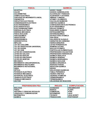 FISICA: QUIMICA:
ACUSTICA
CALOR
CALORIMETRIA
CAMPO ELECTRICO
CANTIDAD DE MOVIMIENTO LINEAL
CINEMATICA
CIRCUITOS ELECTRICOS
CONDENSADOR ELECTRICO
ELECTRODINAMICA
ELECTROESTATICA
ELECTROMAGNETISMO
ENERGIA ELECTRICA
ENERGIA MECANICA
FISICA NUCLEAR
FISICOQUIMICA
GRAVITACION
HIDRODINAMICA
HIDROESTATICA
IMPULSO
LEY DE COULOMB
LEY DE GRAVITACION UNIVERSAL
LEY DE HOOKE
LEY DE OHM
LEYES DE CONSERVACION
LEYES DE GALILEO
LEYES DE KEPLER
LEYES DE KIRCHHOFF
LEYES DE NEWTON
MECANICA
MOVIMIENTO CIRCUNFERENCIAL
MOVIMIENTO RECTILINEO
MOVIMIENTO ROTACIONAL
ONDA
OPTICA
POTENCIA ELECTRICA
POTENCIA MECANICA
POTENCIAL ELECTRICO
TRABAJO ELECTRICO
TRABAJO MECANICO
VECTOR
ACIDO Y BASE
ACIDOS CARBOXILICOS
ALCOHOLES Y FENOLES
ALDEHIDOS Y CETONAS
AMINAS Y AMIDAS
ATOMO Y ELEMENTO
CALCULOS QUIMICOS
CINETICA QUIMICA
CONFIGURACION ELECTRONICA
ELECTROQUIMICA
ENLACE QUIMICO
EQUILIBRIO QUIMICO
ESTEQUIOMETRIA
ESTEREOQUIMICA
ESTRUCTURA ATOMICA
GAS IDEAL
HALUROS DE ALQUILO
HIDRATOS DE CARBONO
HIDROCARBUROS
LEYES PONDERALES
NOMENCLATURA
NUCLEO ATOMICO
PARTICULAS ELEMENTALES
PROPIEDADES COLIGATIVAS
PROPIEDADES PERIODICAS
QUIMICA ANALITICA
QUIMICA GENERAL
QUIMICA INORGANICA
QUIMICA NUCLEAR
QUIMICA ORGANICA
RADIOACTIVIDAD
REACCION QUIMICA
REDOX
SOLUCIONES QUIMICAS
TABLA PERIODICA
TEORIA CINETICA
TEORIAS ATOMICAS
TERMODINAMICA
TERMOQUIMICA
VELOCIDAD DE REACCION
PREPARACION PSU: INGLES: COMPUTACION:
BIOLOGIA
FISICA
HISTORIA Y CIENCIAS SOCIALES
LENGUAJE Y COMUNICACION
MATEMATICA
QUIMICA
AVANZADO
BASICO
COMERCIAL
INTERMEDIO
TECNICO
TRADUCCION
DREAMWAVER
FLASH
HTML
JAVA
JAVA SCRIPT
PHOTOSHOP
 