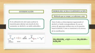 Ante el calor, se descomponen regenerando el
alcohol y el ácido correspondiente. Se usa un
exceso de agua para inclinar esta vez la reacción
hacia la derecha. Como se mencionó es la inversa
de la esterificación.
HIDROLISIS ÁCIDA O SAPONIFICACIÓN
Es la utilización de calor (para acelerar la
reacción) para calentar una mezcla de dos
sustancias, un alcohol y un ácido carboxílico.
ESTERIFICACIÓN
Molécula que se rompe y se adiciona a otra.
 