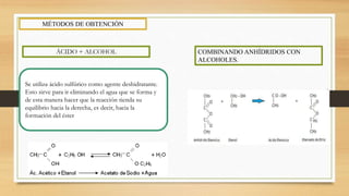 MÉTODOS DE OBTENCIÓN
Se utiliza ácido sulfúrico como agente deshidratante.
Esto sirve para ir eliminando el agua que se forma y
de esta manera hacer que la reacción tienda su
equilibrio hacia la derecha, es decir, hacia la
formación del éster
ÁCIDO + ALCOHOL COMBINANDO ANHÍDRIDOS CON
ALCOHOLES.
 