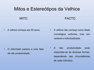 Mitos e Estereótipos da Velhice
               MITO                                FACTO


•   A velhice começa aos 65 anos;   •   A velhice não começa numa idade
                                        cronológica uniforme, mas sim
                                        variável e individualizada;



•                                   •   A    não     produtividade    pode
    O reformado passou a uma fase
    de não produtividade;               interpretar-se de diversas formas,
                                        dependendo das circunstâncias
                                        de cada indivíduo;
 