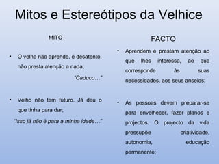 Mitos e Estereótipos da Velhice
                 MITO                                     FACTO
                                          •   Aprendem e prestam atenção ao
•    O velho não aprende, é desatento,
                                              que   lhes    interessa,    ao   que
     não presta atenção a nada;
                                              corresponde         às           suas
                           “Caduco…”
                                              necessidades, aos seus anseios;


•    Velho não tem futuro. Já deu o       •   As pessoas devem preparar-se
     que tinha para dar;
                                              para envelhecer, fazer planos e
    “Isso já não é para a minha idade…”       projectos. O projecto da vida
                                              pressupõe                criatividade,
                                              autonomia,                 educação
                                              permanente;
 