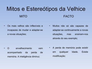 Mitos e Estereótipos da Velhice MITO Os mais velhos são inflexíveis e incapazes de mudar e adaptar-se a novas situações; O envelhecimento vem acompanhado da perda de memória. A inteligência diminui; FACTO Muitos não só são capazes de adaptar-se continuamente a novas situações, mas ensinam-nos através do seu exemplo; A perda de memória pode existir em qualquer Idade. Existe modificação; 