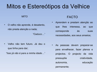 Mitos e Estereótipos da Velhice MITO O velho não aprende, é desatento, não presta atenção a nada; “ Caduco…” Velho não tem futuro. Já deu o que tinha para dar; “ Isso já não é para a minha idade…” FACTO Aprendem e prestam atenção ao que lhes interessa, ao que corresponde às suas necessidades, aos seus anseios; As pessoas devem preparar-se para envelhecer, fazer planos e projectos. O projecto da vida pressupõe criatividade, autonomia, educação permanente; 