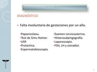 DIAGNÓSTICO
 Falta involuntaria de gestaciones por un año.
•Papanicolaou.
•Test de Sims Hotner.
•USP.
•Prolactina.
•Espermatobioscopía.
•Examen cervicouterino.
•Histerosalpingografía.
•Laparoscopia.
•FSH, LH y estradiol.
11
 