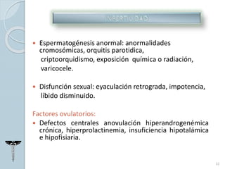  Espermatogénesis anormal: anormalidades
cromosómicas, orquitis parotidica,
criptoorquidismo, exposición química o radiación,
varicocele.
 Disfunción sexual: eyaculación retrograda, impotencia,
líbido disminuido.
Factores ovulatorios:
 Defectos centrales anovulación hiperandrogenémica
crónica, hiperprolactinemia, insuficiencia hipotalámica
e hipofisiaria.
32
 