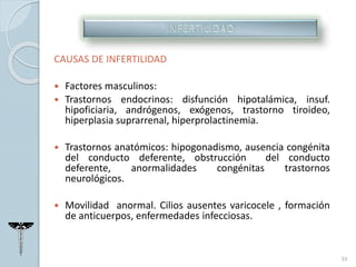 CAUSAS DE INFERTILIDAD
 Factores masculinos:
 Trastornos endocrinos: disfunción hipotalámica, insuf.
hipoficiaria, andrógenos, exógenos, trastorno tiroideo,
hiperplasia suprarrenal, hiperprolactinemia.
 Trastornos anatómicos: hipogonadismo, ausencia congénita
del conducto deferente, obstrucción del conducto
deferente, anormalidades congénitas trastornos
neurológicos.
 Movilidad anormal. Cilios ausentes varicocele , formación
de anticuerpos, enfermedades infecciosas.
33
 
