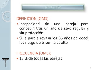 DEFINICIÓN (OMS)
 Incapacidad de una pareja para
concebir, tras un año de sexo regular y
sin protección.
 Si la pareja revasa los 35 años de edad,
los riesgo de trisomia es alto
FRECUENCIA (OMS):
 15 % de todas las parejas
5
 