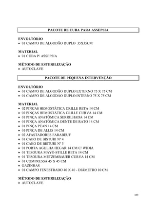 PACOTE DE CUBA PARA ASSEPSIA

ENVOLTÓRIO
• 01 CAMPO DE ALGODÃO DUPLO 35X35CM

MATERIAL
• 01 CUBA P/ ASSEPSIA

MÉTODO DE ESTERILIZAÇÃO
• AUTOCLAVE

              PACOTE DE PEQUENA INTERVENÇÃO

ENVOLTÓRIO
• 01 CAMPO DE ALGODÃO DUPLO EXTERNO 75 X 75 CM
• 01 CAMPO DE ALGODÃO DUPLO INTERNO 75 X 75 CM

MATERIAL
• 02 PINÇAS HEMOSTÁTICA CRILLE RETA 14 CM
• 02 PINÇAS HEMOSTÁTICA CRILLE CURVA 14 CM
• 01 PINÇA ANATÔMICA SERRILHADA 14 CM
• 01 PINÇA ANATÔMICA DENTE DE RATO 14 CM
• 01 PINÇA PEAN 14 CM
• 01 PINÇA DE ALLIS 14 CM
• 02 AFASTADORES FARABEUF
• 01 CABO DE BISTURI Nº 4
• 01 CABO DE BISTURI Nº 3
• 01 PORTA AGULHA HEGAR 14 CM C/ WIDIA
• 01 TESOURA MAYO-STILLE RETA 14 CM
• 01 TESOURA METZEMBAUER CURVA 14 CM
• 01 COMPRESSA 45 X 45 CM
• GAZINHAS
• 01 CAMPO FENESTRADO 40 X 40 - DIÂMETRO 10 CM

MÉTODO DE ESTERILIZAÇÃO
• AUTOCLAVE


                                                 109
 