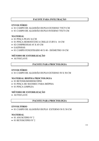 PACOTE PARA INFILTRAÇÃO

ENVOLTÓRIO
• 01 CAMPO DE ALGODÃO DUPLO EXTERNO 75X75 CM
• 01 CAMPO DE ALGODÃO DUPLO INTERNO 75X75 CM

MATERIAL
• 01 PINÇA PEAN 16 CM
• 01 PINÇA HEMOSTÁTICA CRILLE CURVA 14 CM
• 02 COMPRESSAS 45 X 45 CM
• GAZINHAS
• 01 CAMPO FENESTRADO 40 X 40 - DIÂMETRO 10 CM

MÉTODO DE ESTERILIZAÇÃO
• AUTOCLAVE

                 PACOTE PARA PROCTOLOGIA

ENVOLTÓRIO
• 01 CAMPO DE ALGODÃO DUPLO EXTERNO 50 X 50 CM

MATERIAL BIOPSIA PROCTOLOGIA
• 01 RETOSIGMOIDOSCÓPIO
• 01 PINÇA DE MATHIEU PARA BIÓPSIA
• 01 PINÇA LIMPEZA

MÉTODO DE ESTERILIZAÇÃO
• AUTOCLAVE

                 PACOTE PARA PROCTOLOGIA

ENVOLTÓRIO
• 01 CAMPO DE ALGODÃO DUPLO EXTERNO 50 X 50 CM

MATERIAL
• 01 ANUSCÓPIO Nº 2
• 01 RETOSCÓPIO Nº 2
                                                 110
 