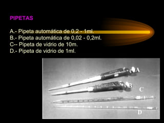 PIPETAS A.- Pipeta automática de 0,2 - 1ml. B.- Pipeta automática de 0,02 - 0,2ml. C-- Pipeta de vidrio de 10m. D.- Pipeta de vidrio de 1ml. 