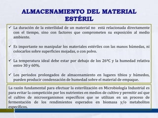 ALMACENAMIENTO DEL MATERIAL
                ESTÉRIL
 La duración de la esterilidad de un material no está relacionada directamente
  con el tiempo, sino con factores que comprometen su exposición al medio
  ambiente.

 Es importante no manipular los materiales estériles con las manos húmedas, ni
  colocarlos sobre superficies mojadas, o con polvo.

 La temperatura ideal debe estar por debajo de los 26ºC y la humedad relativa
  entre 30 y 60%.

 Los periodos prolongados de almacenamiento en lugares tibios y húmedos,
  pueden producir condensación de humedad sobre el material de empaque.

La razón fundamental para efectuar la esterilización en Microbiología Industrial es
para evitar la competición por los nutrientes en medios de cultivo y permitir así que
el cultivo de microorganismos específicos que se utilizan en un proceso de
fermentación de los rendimientos esperados en biomasa y/o metabolitos
específicos.
 