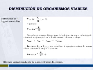 DISMINUCIÓN DE ORGANISMOS VIABLES

Disminución de
Organismos viables




 El tiempo varia dependiendo de la concentración de esporas.
 
