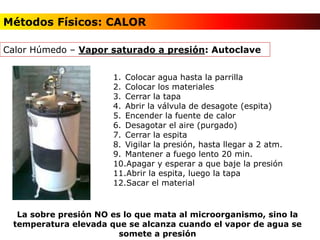 Calor Húmedo – Vapor saturado a presión: Autoclave
La sobre presión NO es lo que mata al microorganismo, sino la
temperatura elevada que se alcanza cuando el vapor de agua se
somete a presión
1. Colocar agua hasta la parrilla
2. Colocar los materiales
3. Cerrar la tapa
4. Abrir la válvula de desagote (espita)
5. Encender la fuente de calor
6. Desagotar el aire (purgado)
7. Cerrar la espita
8. Vigilar la presión, hasta llegar a 2 atm.
9. Mantener a fuego lento 20 min.
10.Apagar y esperar a que baje la presión
11.Abrir la espita, luego la tapa
12.Sacar el material
Métodos Físicos: CALOR
 
