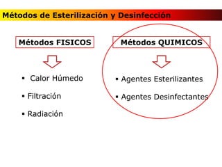 Métodos de Esterilización y Desinfección
Métodos FISICOS Métodos QUIMICOS
 Calor Húmedo
 Filtración
 Radiación
 Agentes Esterilizantes
 Agentes Desinfectantes
 
